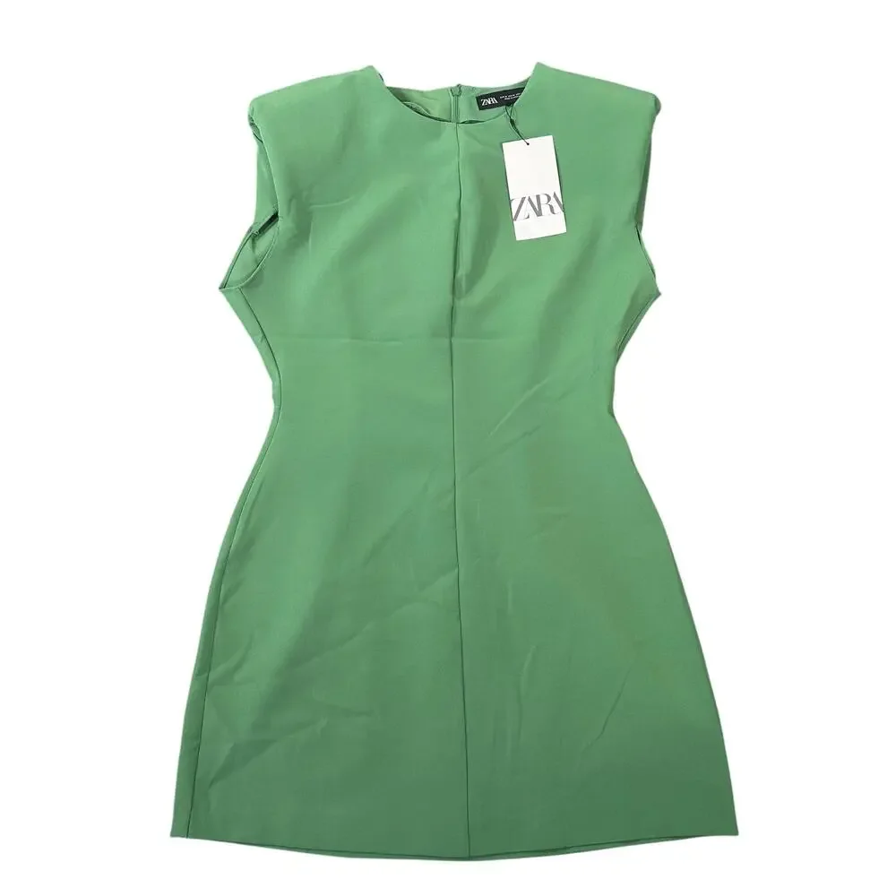 Zara Women's Crepe Mini Dress with Shoulder Pads Green Size M